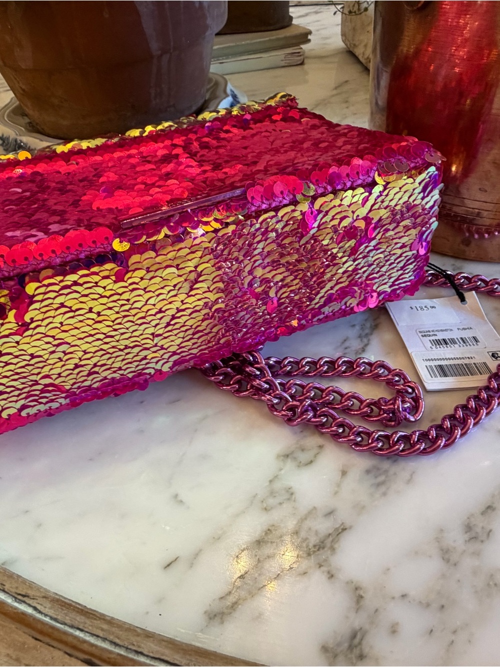 Kurt Geiger Kensington Fuchsia Pink and Gold Sequin Chain Crossbody Bag - Picture 5 of 13